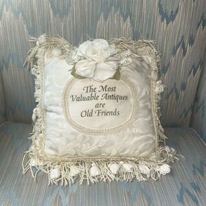 Vintage small square brocade cream Friendship throw pillow w fringe and tassels